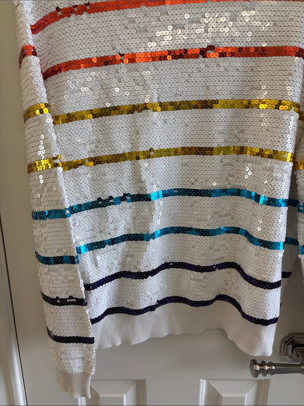 Queen of Sparkles Sequin Tiger Stripe Sweater in White with Rainbow Stripes - Picture 10 of 12